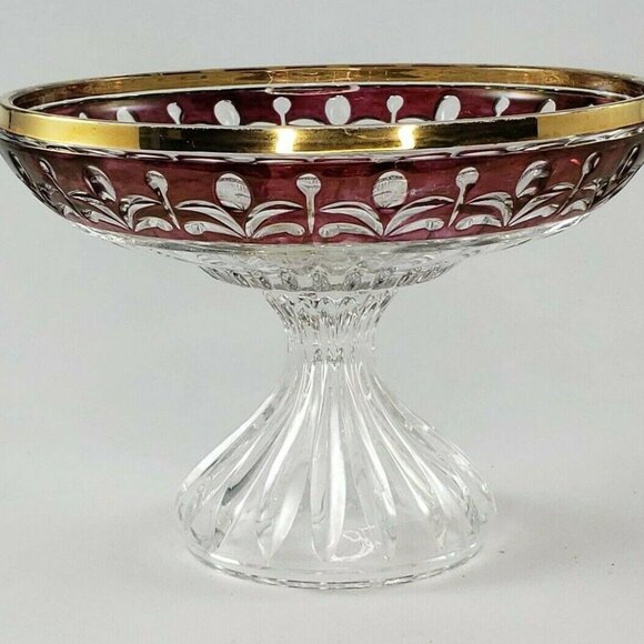 Vintage Anna Hutte Bleikristall Ruby Gold Compote Crystal Pedestal Footed Bowl - Picture 4 of 7